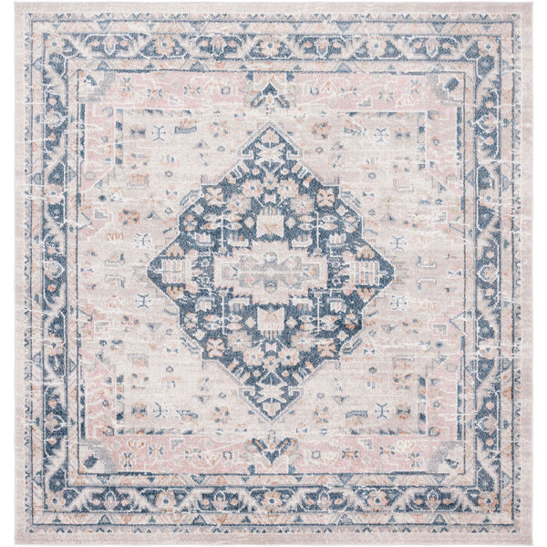 Square beige and navy medallion rug showcases a balanced border and gently distressed finish. || BLR200B-7SQ || top_studio