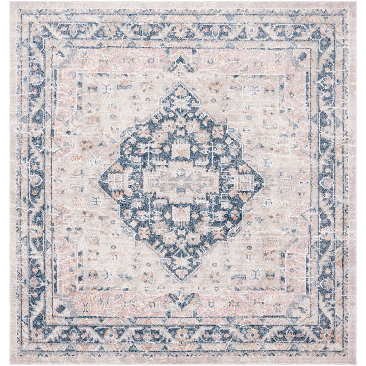 Square beige and navy medallion rug showcases a balanced border and gently distressed finish. || BLR200B-7SQ || top_studio