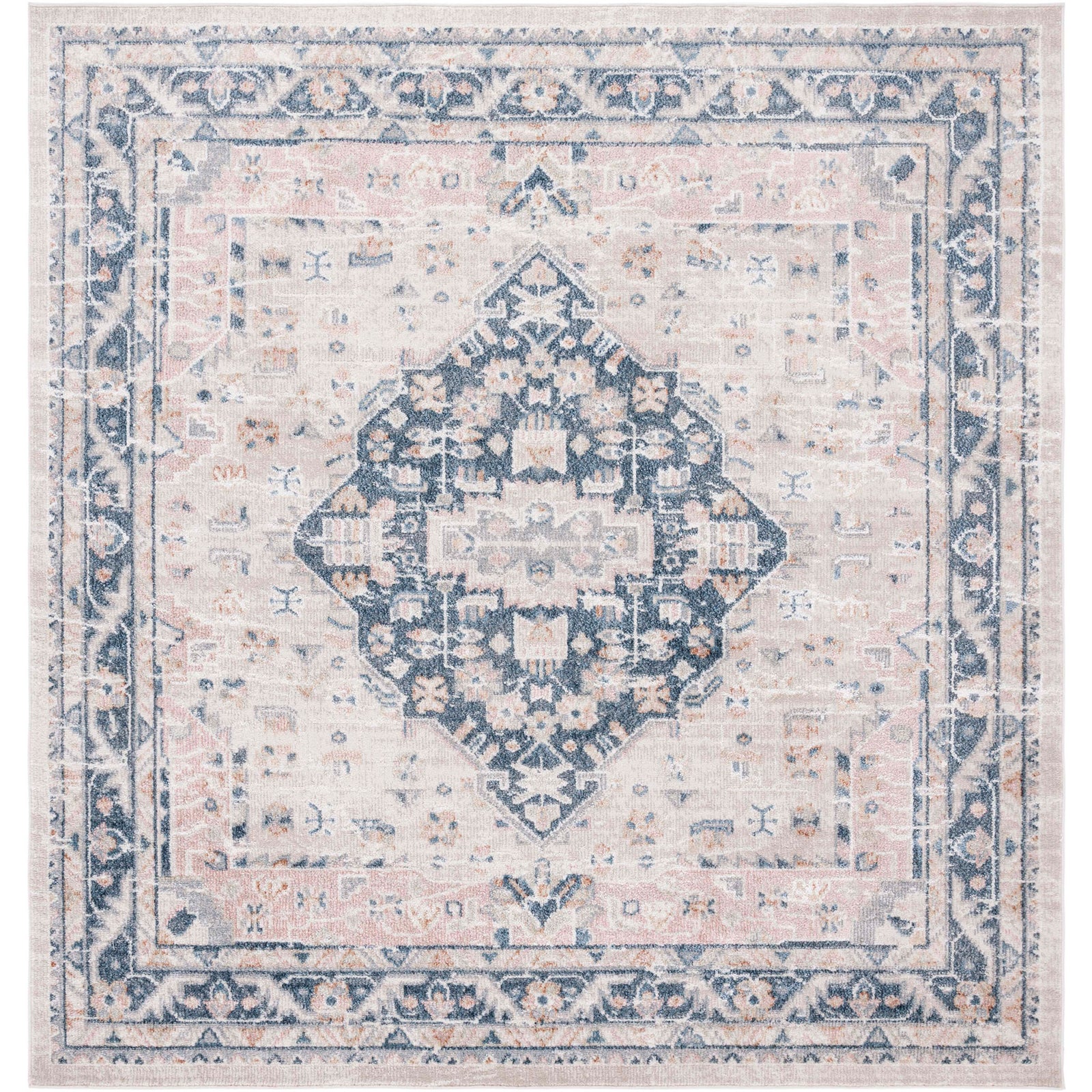 Square beige and navy medallion rug showcases a balanced border and gently distressed finish. || BLR200B-7SQ || top_studio