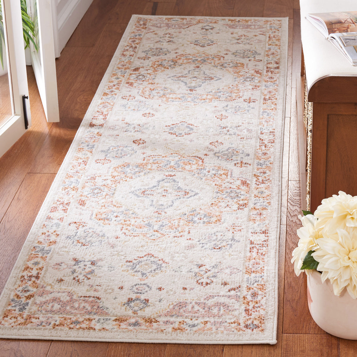 Beige and rust runner adds vintage warmth with faded medallions and an elegant border pattern || BLR202B-28 || top_room