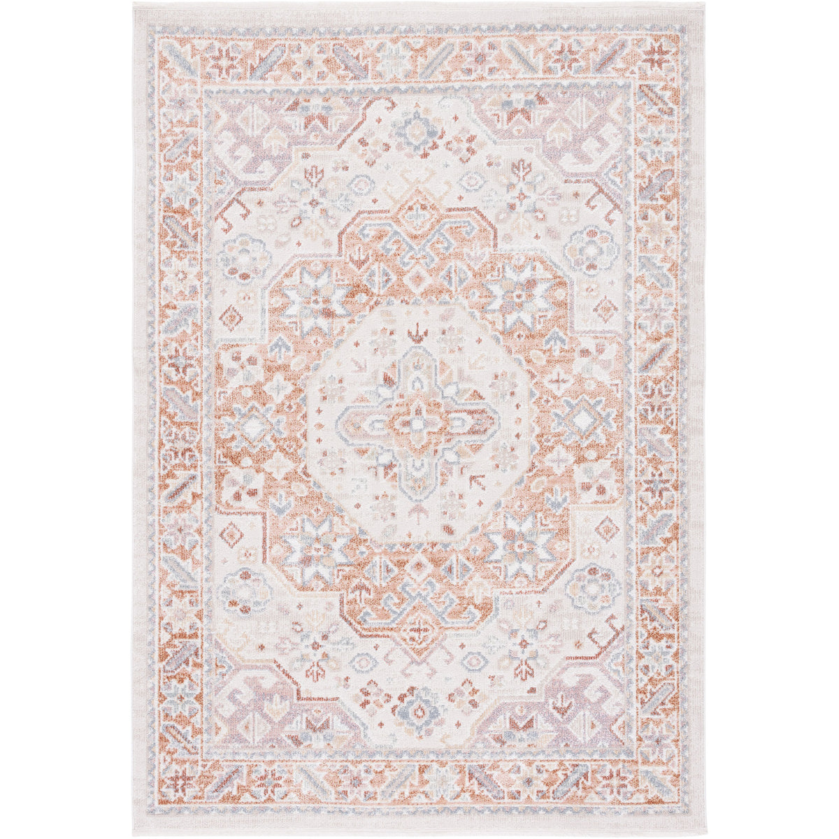 Vintage-inspired medallion area rug in beige and rust with soft blue accents and intricate border. || BLR202B-5 || top_studio