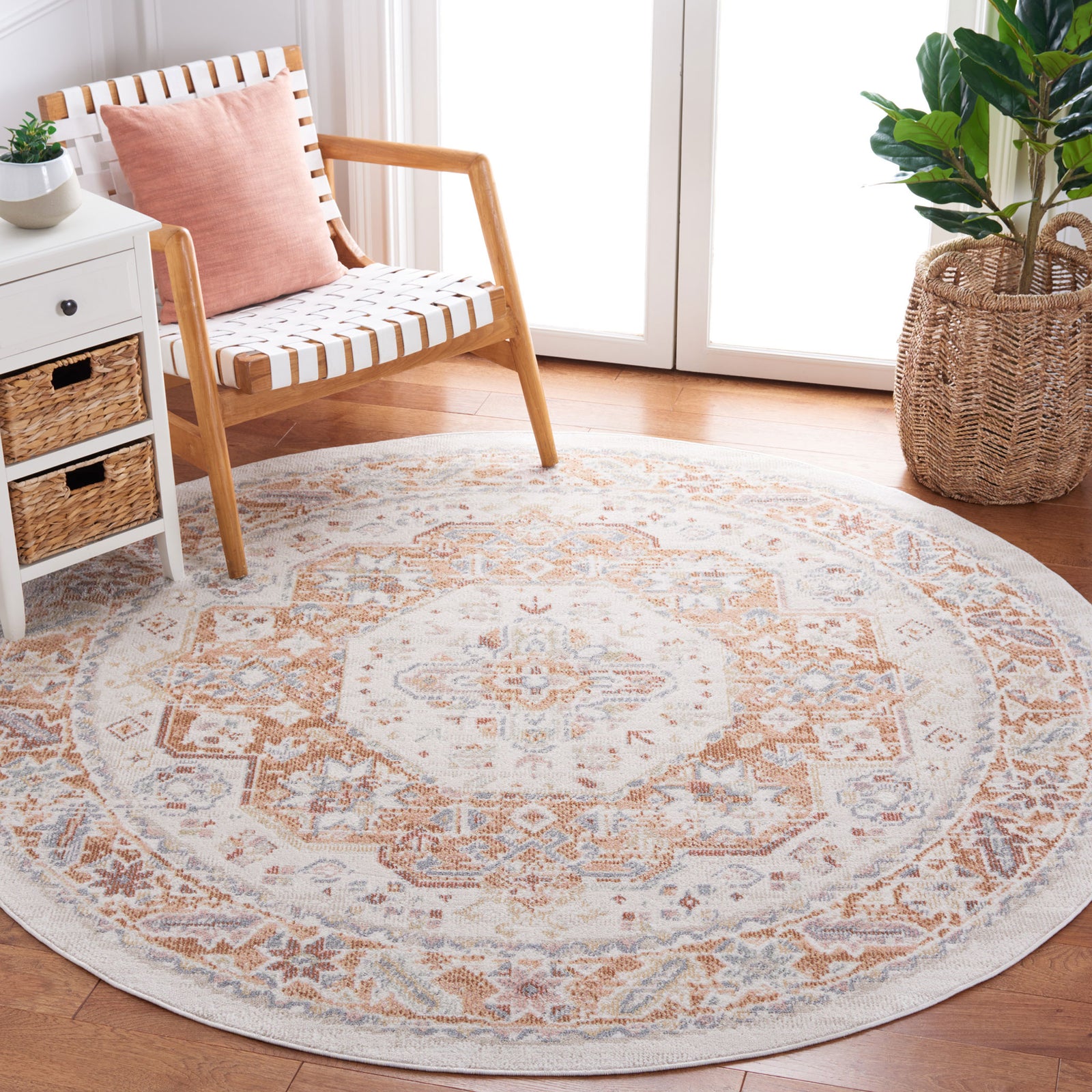 Vintage-inspired round rug warms the room with a beige and rust medallion design || BLR202B-7R || front_angle_room
