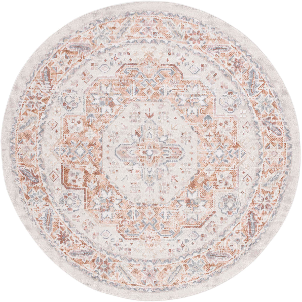 Round rug in beige and rust with vintage medallion and gently distressed detailing || BLR202B-7R || top_studio