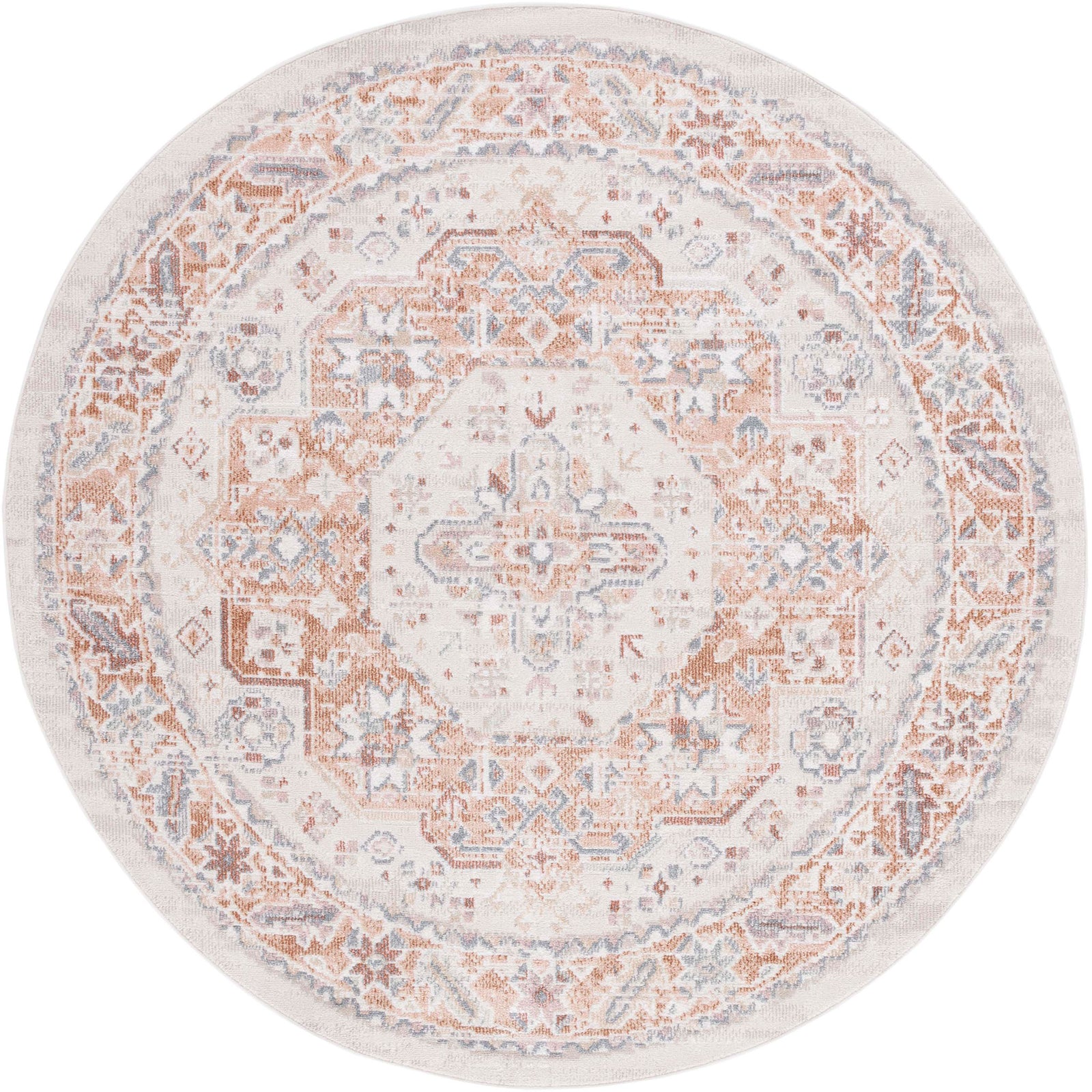 Round rug in beige and rust with vintage medallion and gently distressed detailing || BLR202B-7R || top_studio