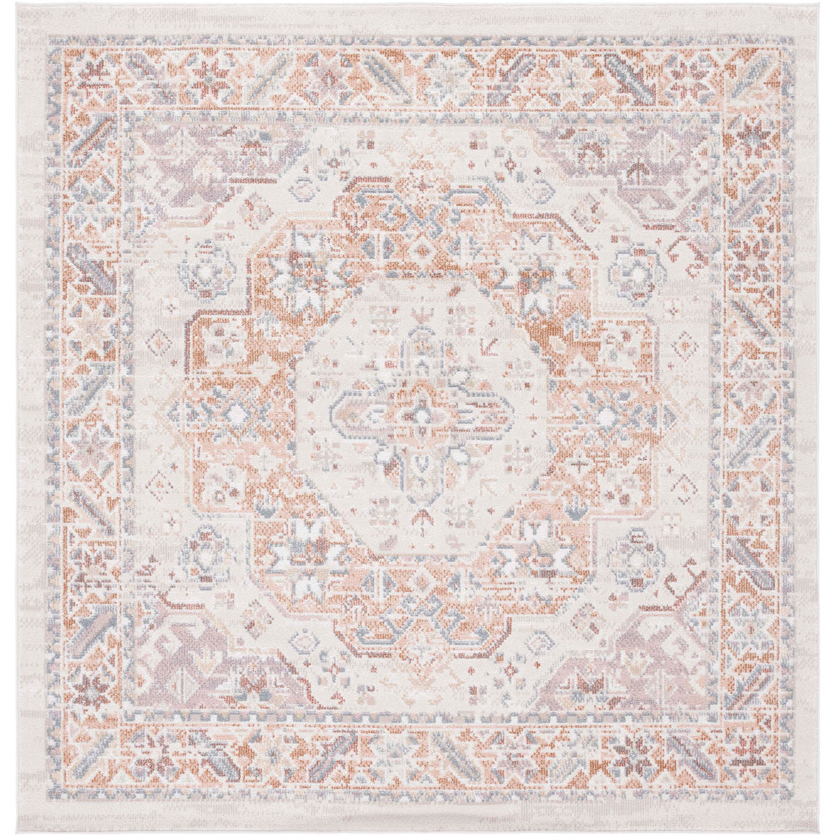 Square medallion rug in beige and rust with balanced border detailing and subtle blue notes. || BLR202B-7SQ || top_studio