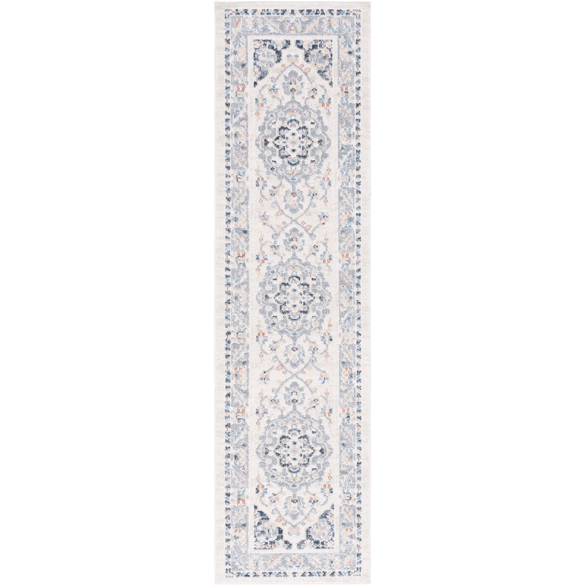 Vintage-inspired washable runner with intricate medallions in beige, gray, and navy || BLR204B-28 || top_studio