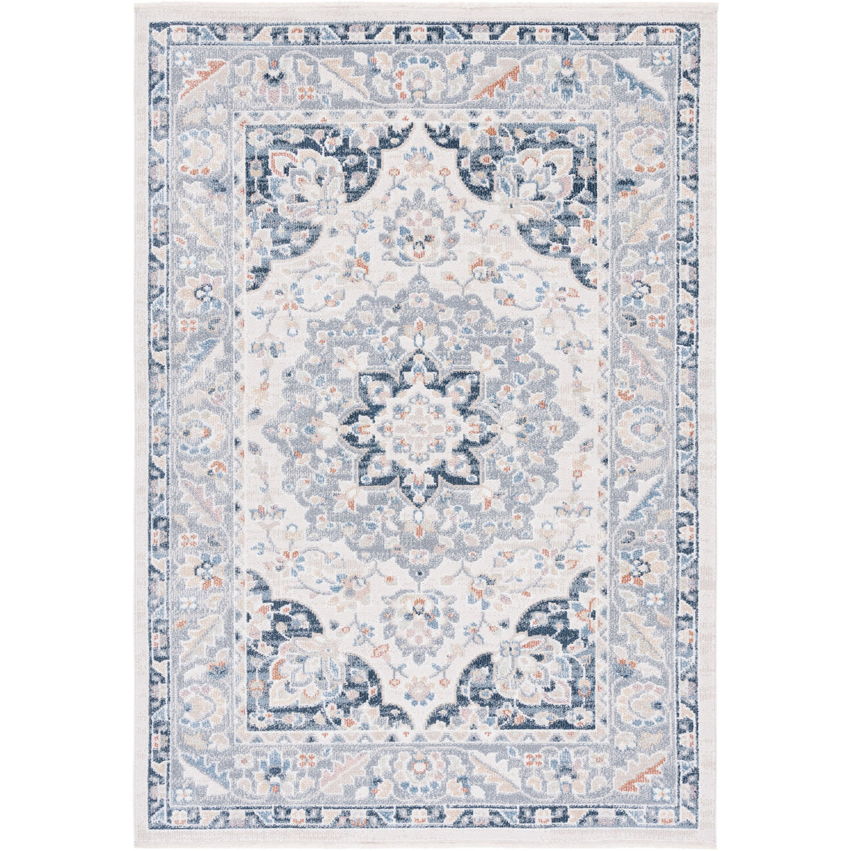 Traditional medallion area rug in beige and navy with a softly distressed look and ornate border || BLR204B-5 || top_studio