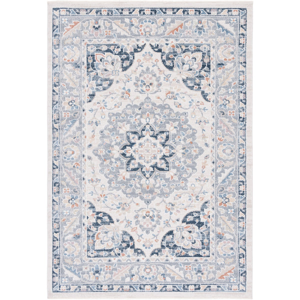 Traditional medallion area rug in beige and navy with a softly distressed look and ornate border || BLR204B-5 || top_studio