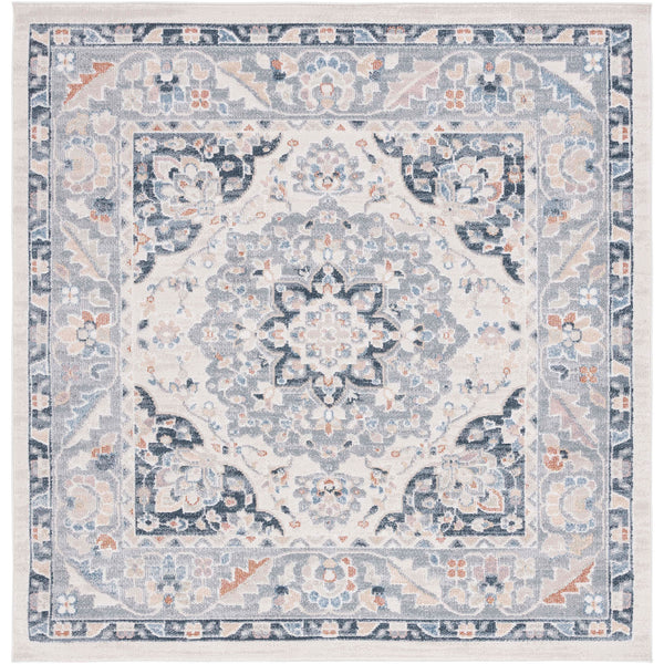 Square medallion rug in beige and navy with an ornate border and gently faded styling || BLR204B-7SQ || top_studio