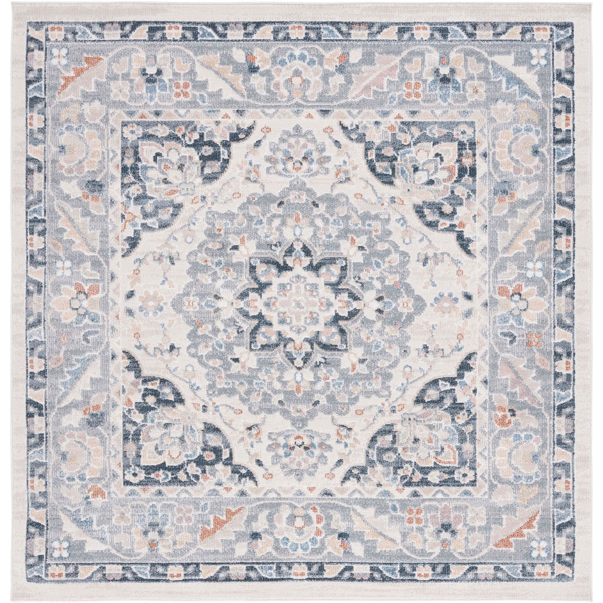 Square medallion rug in beige and navy with an ornate border and gently faded styling || BLR204B-7SQ || top_studio