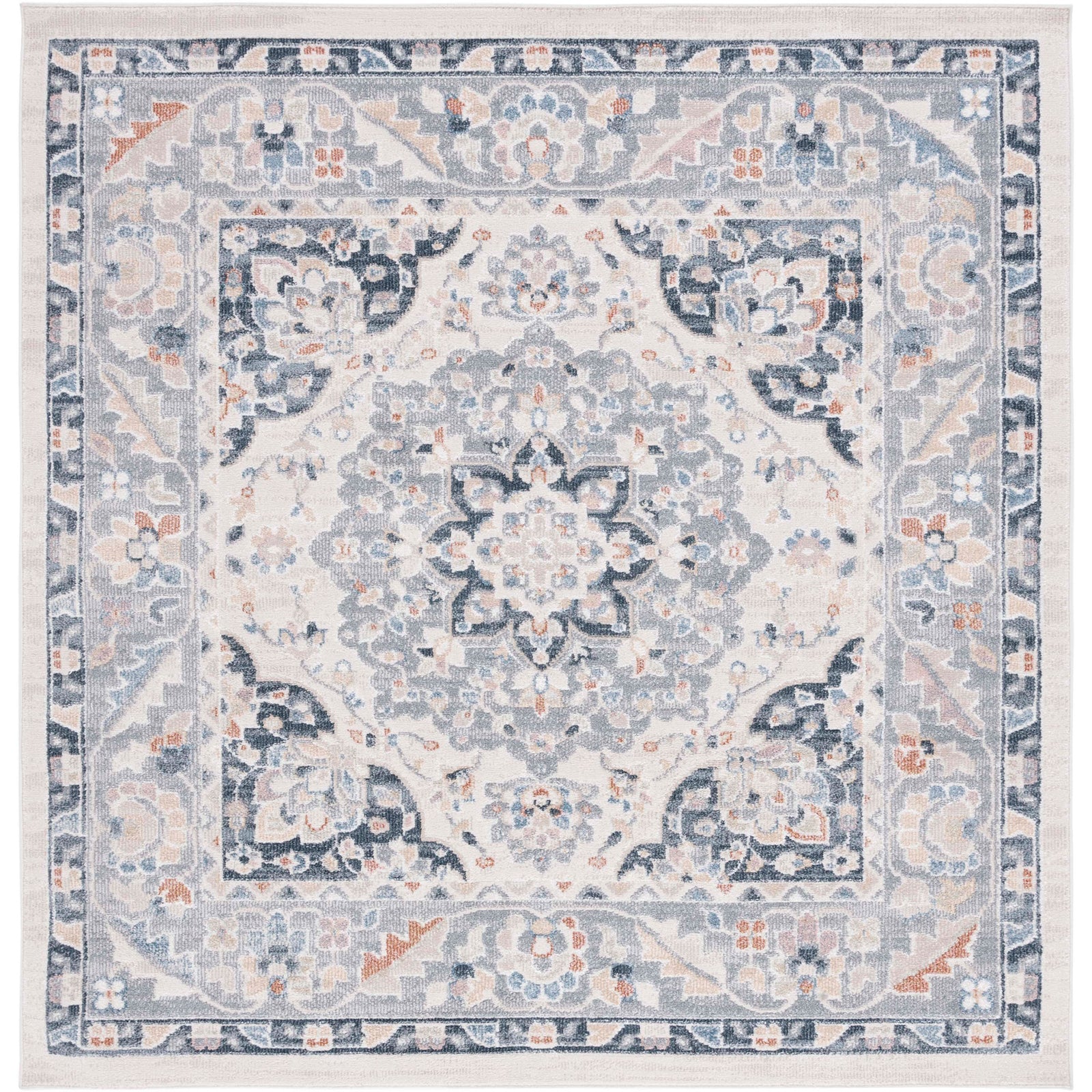 Square medallion rug in beige and navy with an ornate border and gently faded styling || BLR204B-7SQ || top_studio