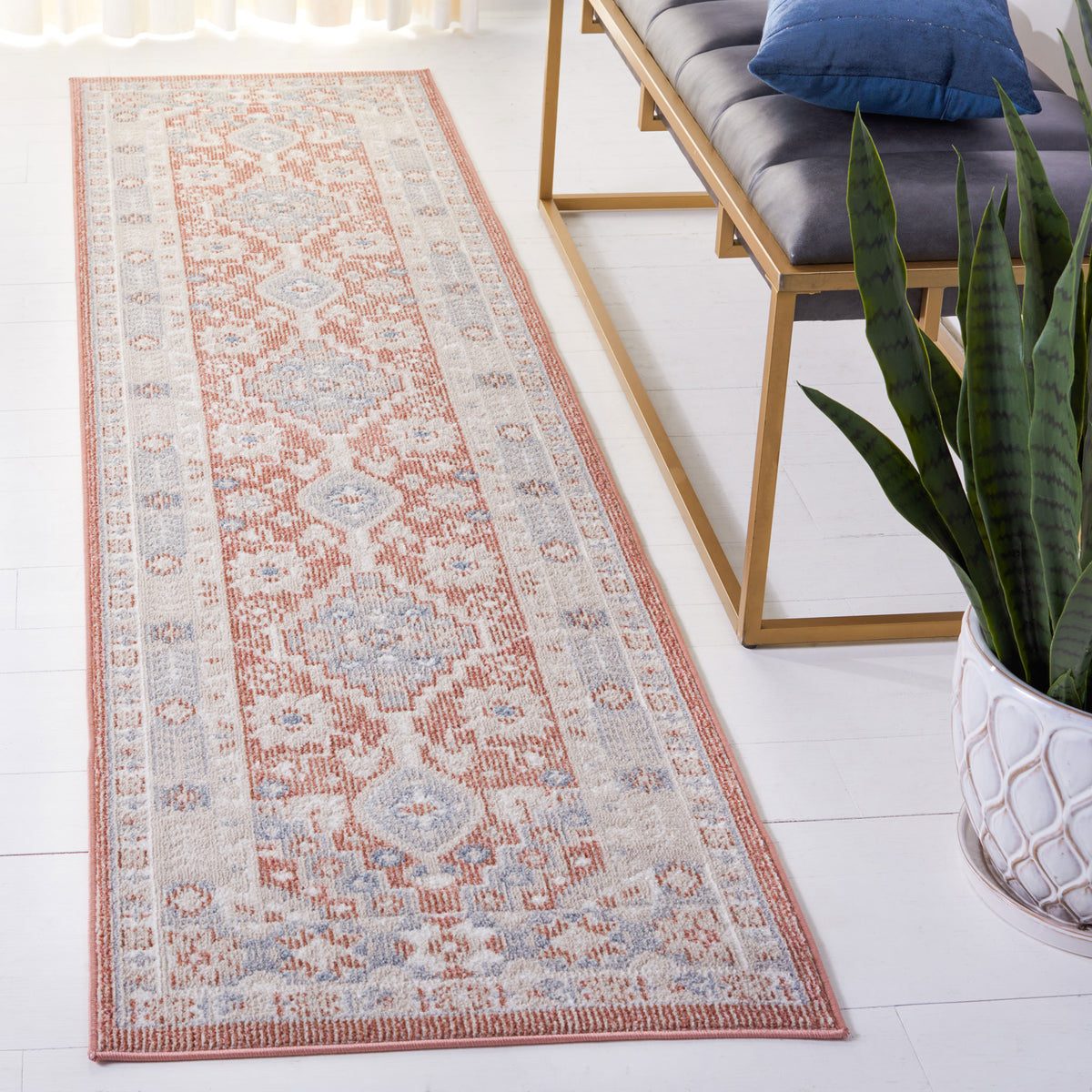 Vintage-style washable runner in rose and gray with distressed medallions and a classic border || BLR206U-28 || top_angle_room