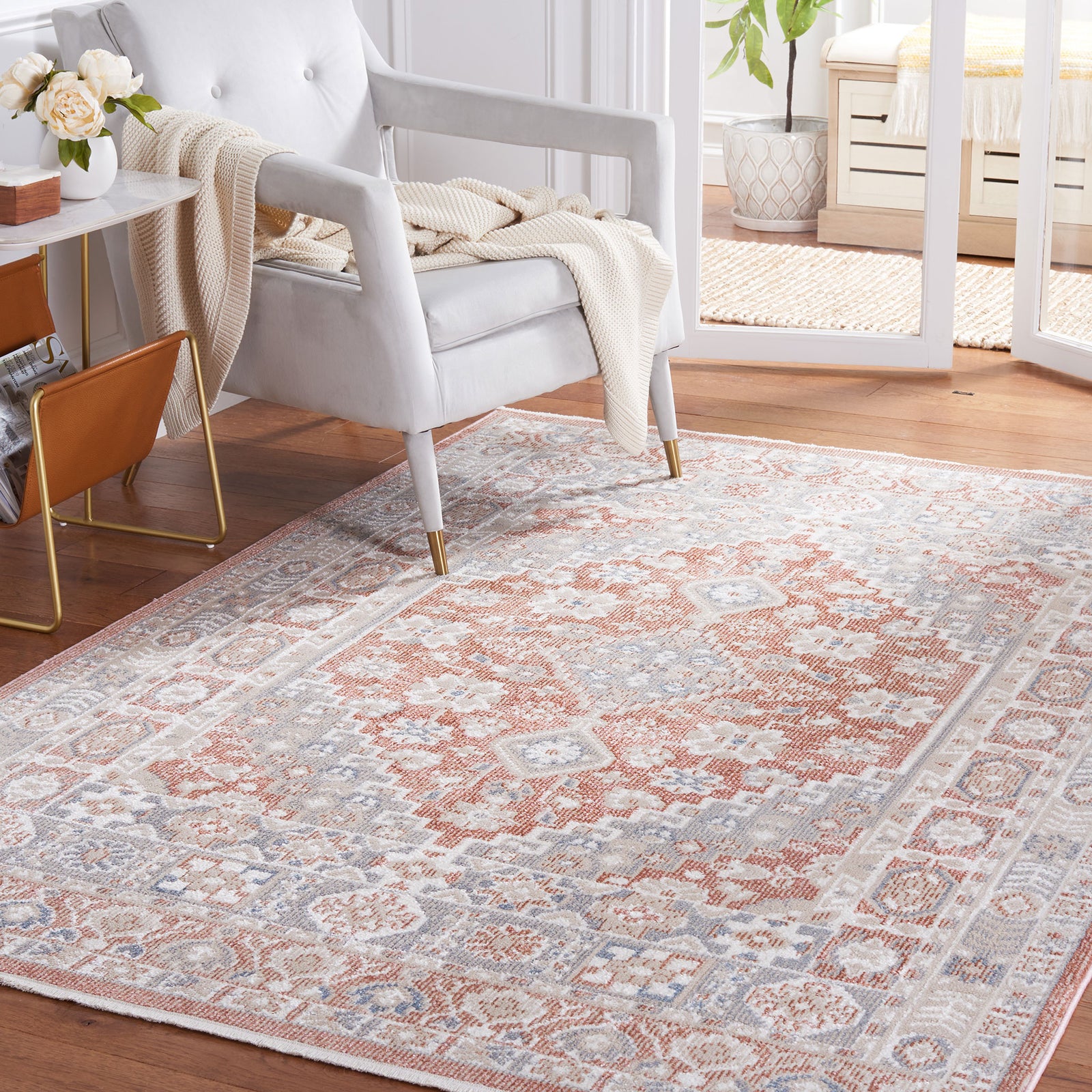 Classic rose and gray area rug anchors the room with a vintage medallion and refined border || BLR206U-5 || top_angle_room