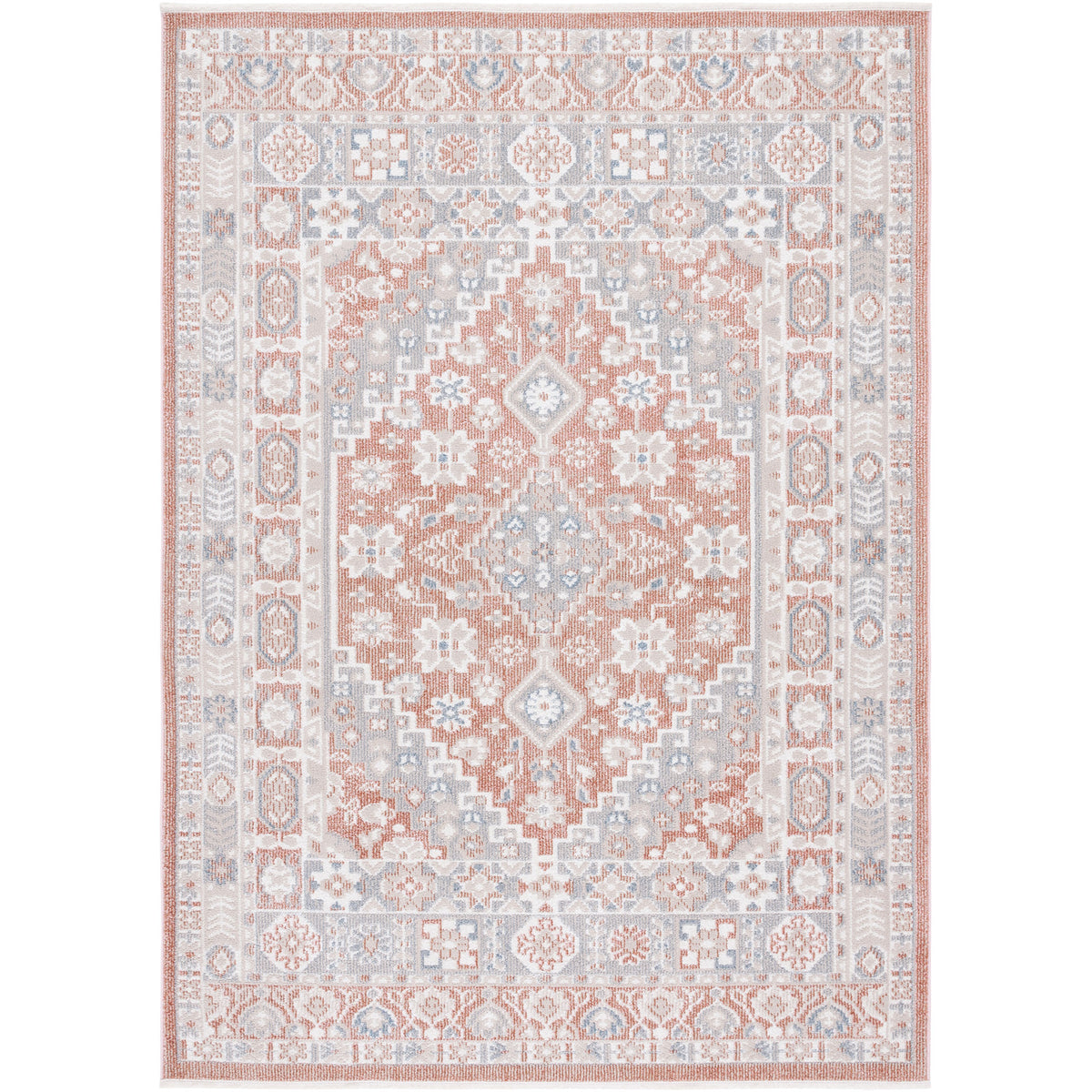 Vintage medallion rug in rose and gray with ornate border and low pile; machine-washable for easy care || BLR206U-5 || top_studio