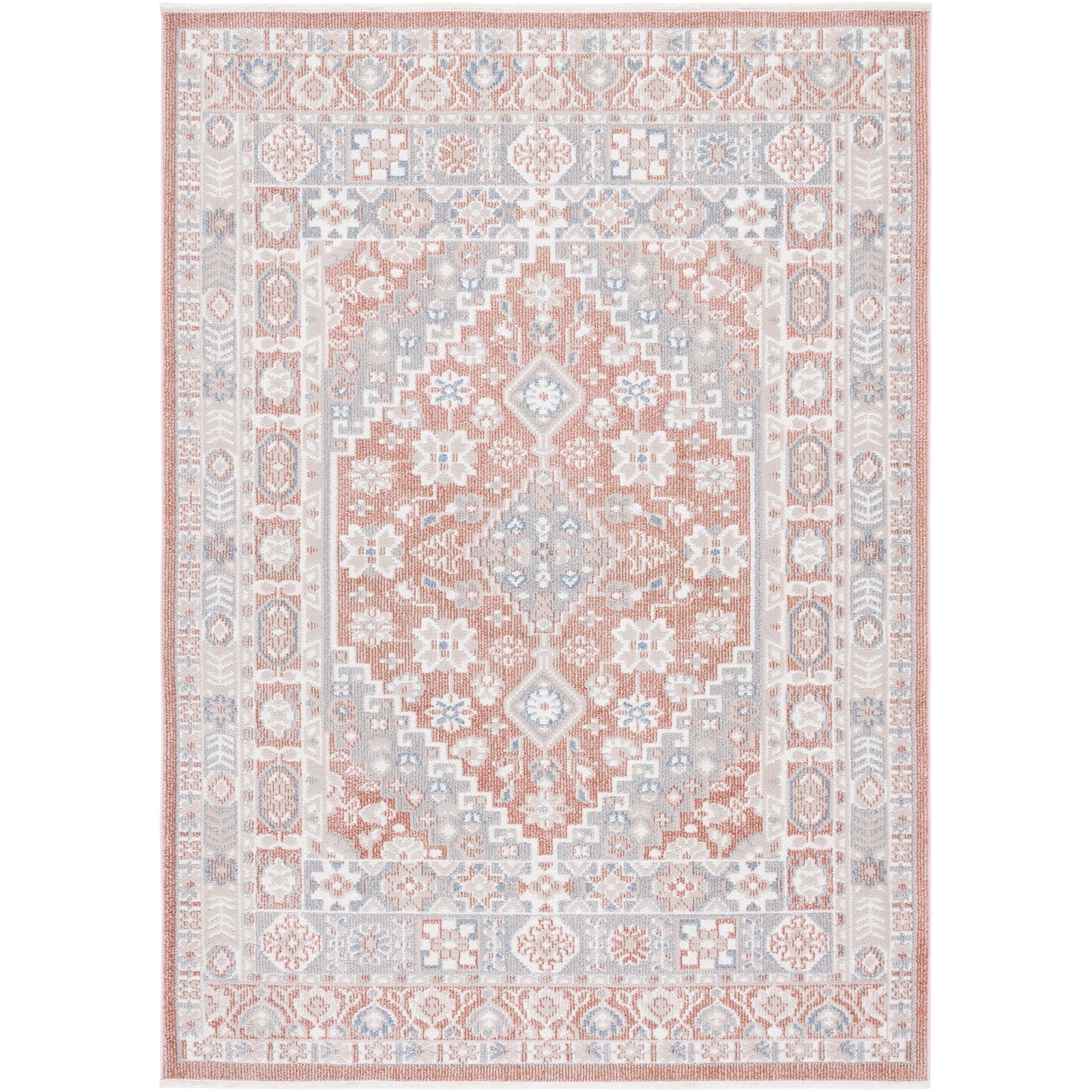 Vintage medallion rug in rose and gray with ornate border and low pile; machine-washable for easy care || BLR206U-5 || top_studio