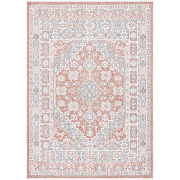 Vintage medallion rug in rose and gray with ornate border and low pile; machine-washable for easy care || BLR206U-5 || top_studio