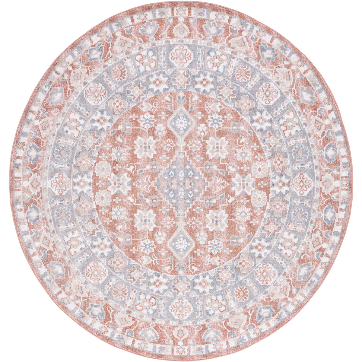 Round rug with an ornate medallion and border in rose and gray for a soft, vintage-inspired look || BLR206U-7R || top_studio