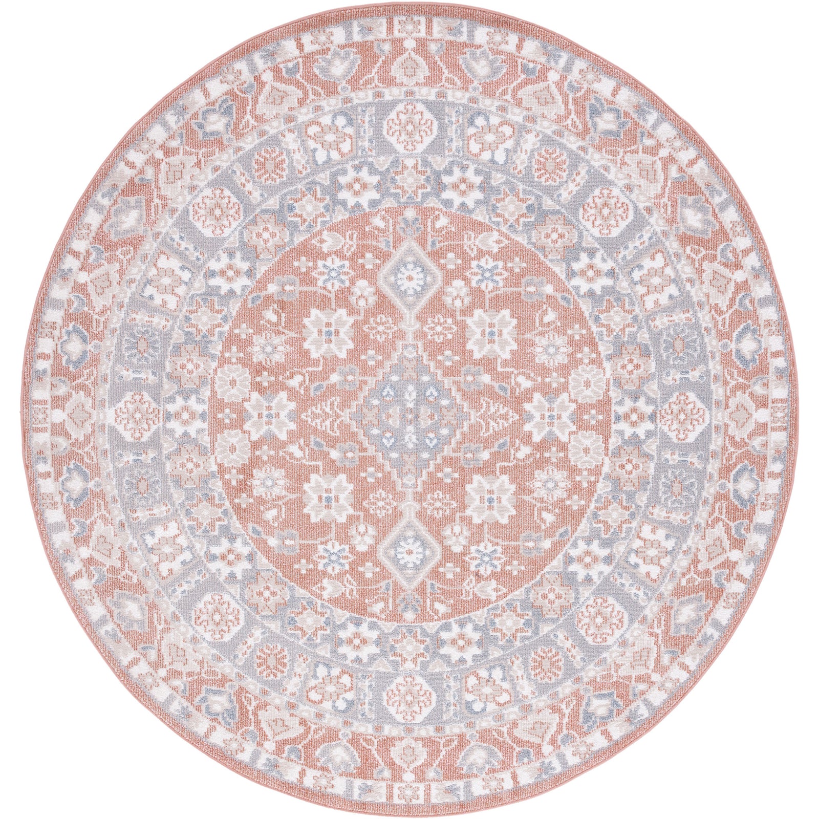 Round rug with an ornate medallion and border in rose and gray for a soft, vintage-inspired look || BLR206U-7R || top_studio