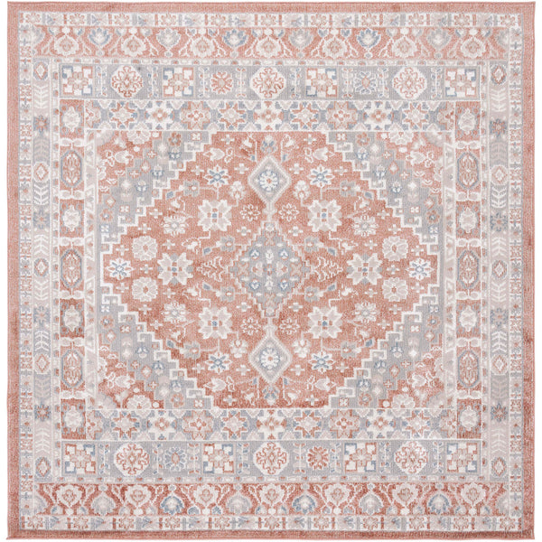 Square rug with balanced medallion design in rose and gray, machine-washable for stress-free upkeep || BLR206U-7SQ || top_studio