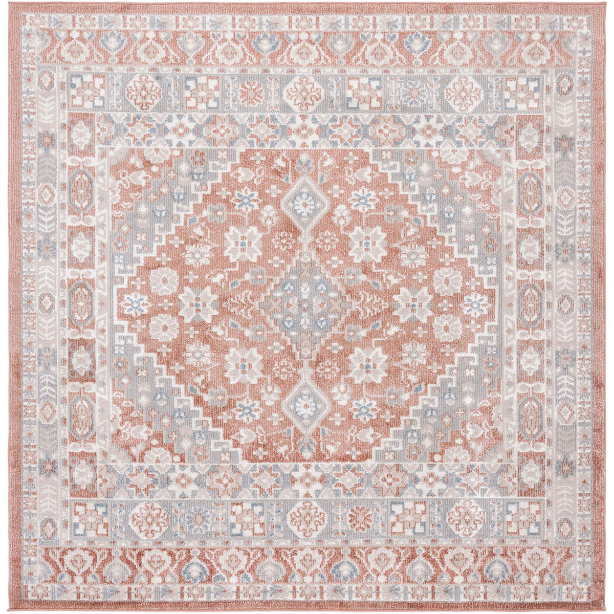 Square rug with balanced medallion design in rose and gray, machine-washable for stress-free upkeep || BLR206U-7SQ || top_studio