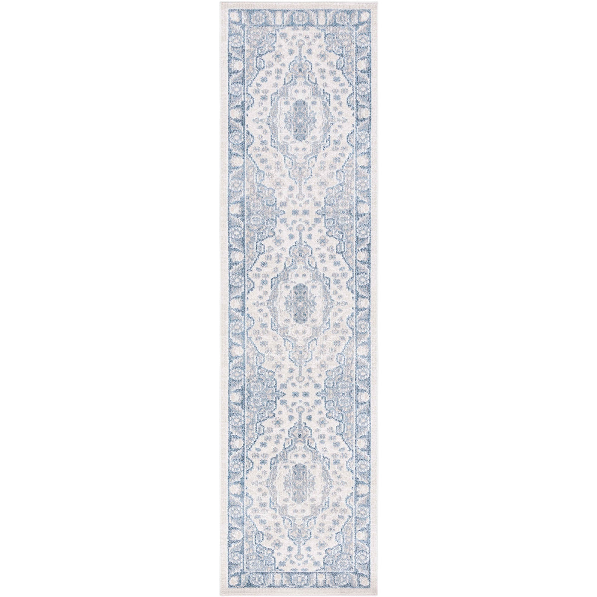 Beige and blue runner rug with vintage medallions and ornate border for timeless charm || BLR208B-28 || top_studio