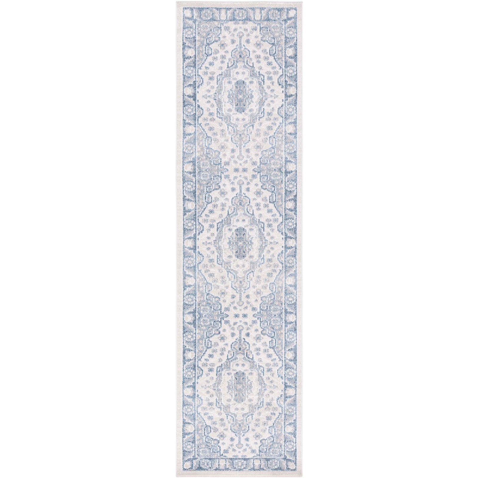 Beige and blue runner rug with vintage medallions and ornate border for timeless charm || BLR208B-28 || top_studio