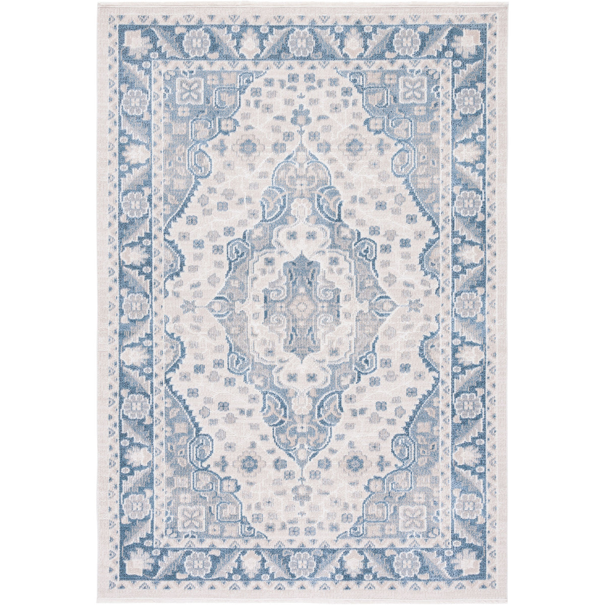 Vintage-inspired beige and blue medallion rug with a detailed border and softly distressed finish || BLR208B-5 || top_studio