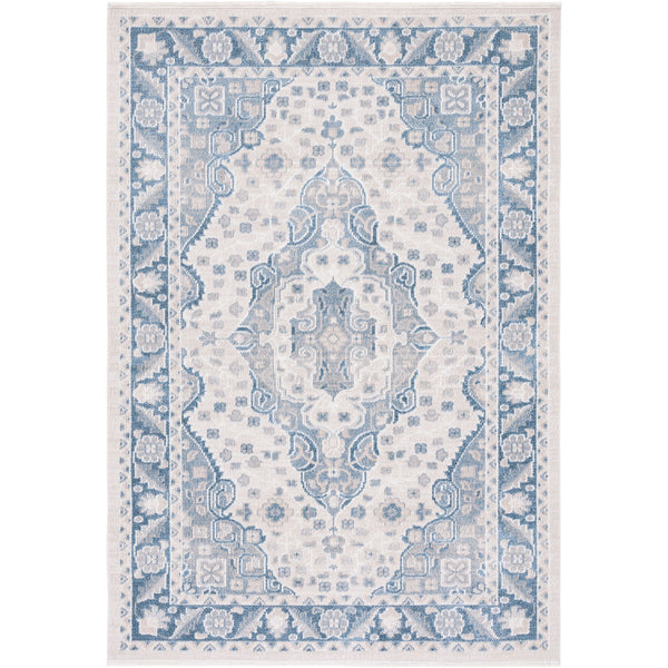Vintage-inspired beige and blue medallion rug with a detailed border and softly distressed finish || BLR208B-5 || top_studio