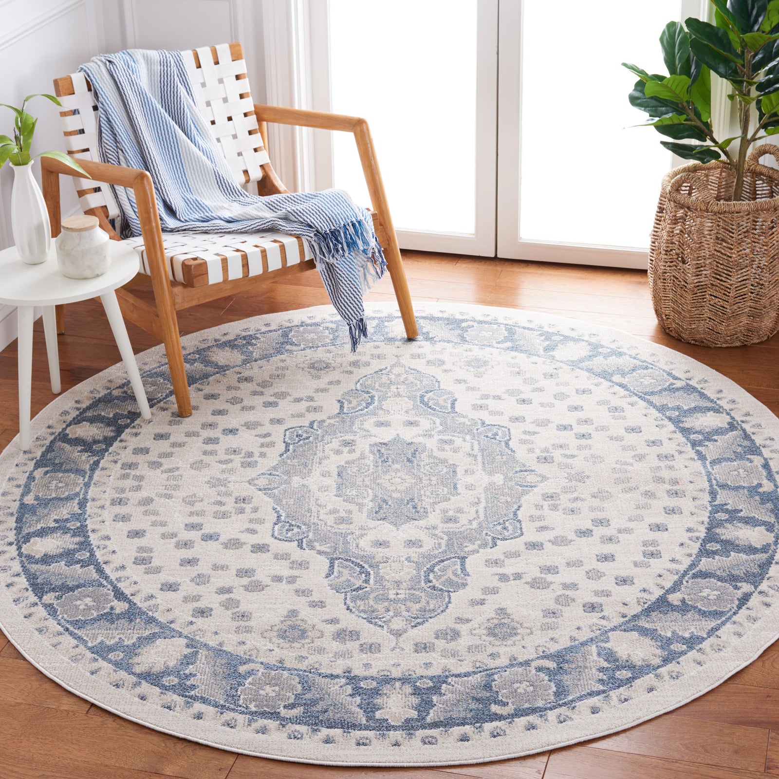 Round beige and gray-blue medallion rug adds soft, washable style to everyday living spaces. || BLR208B-7R || top_room