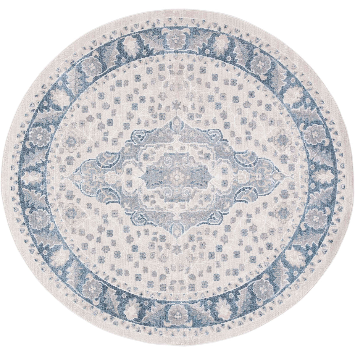 Round washable rug with a vintage medallion in beige and gray-blue, power-loomed for easy care. || BLR208B-7R || top_studio
