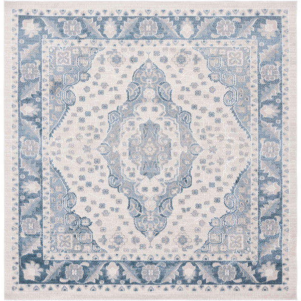 Square beige and blue medallion rug with an ornate border and gently faded vintage look || BLR208B-7SQ || top_studio