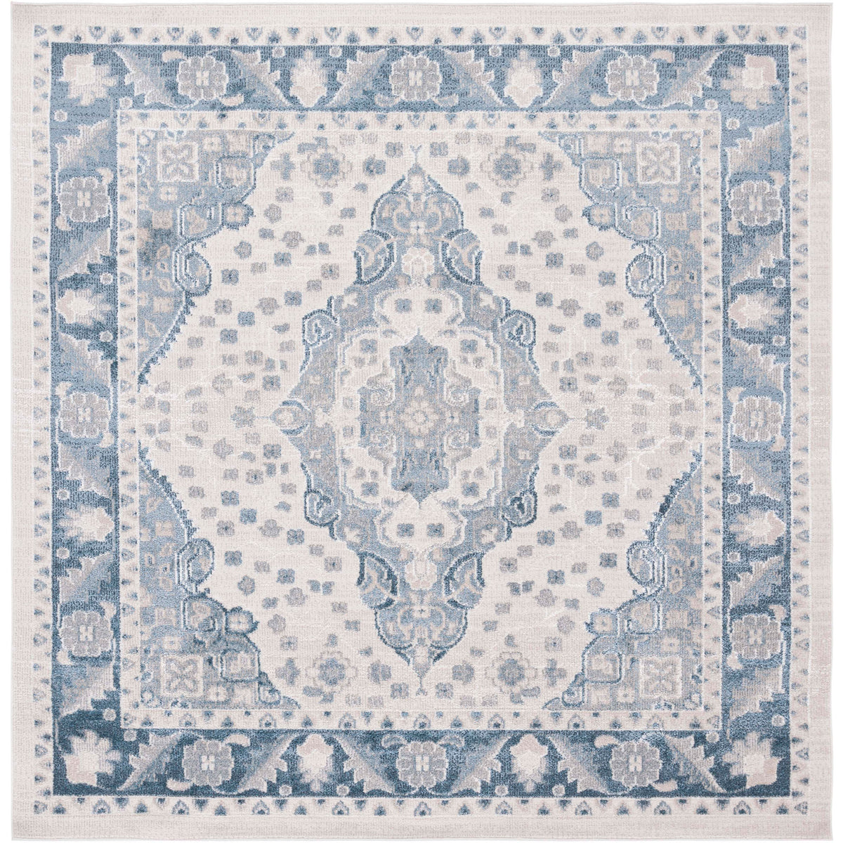 Square beige and blue medallion rug with an ornate border and gently faded vintage look || BLR208B-7SQ || top_studio