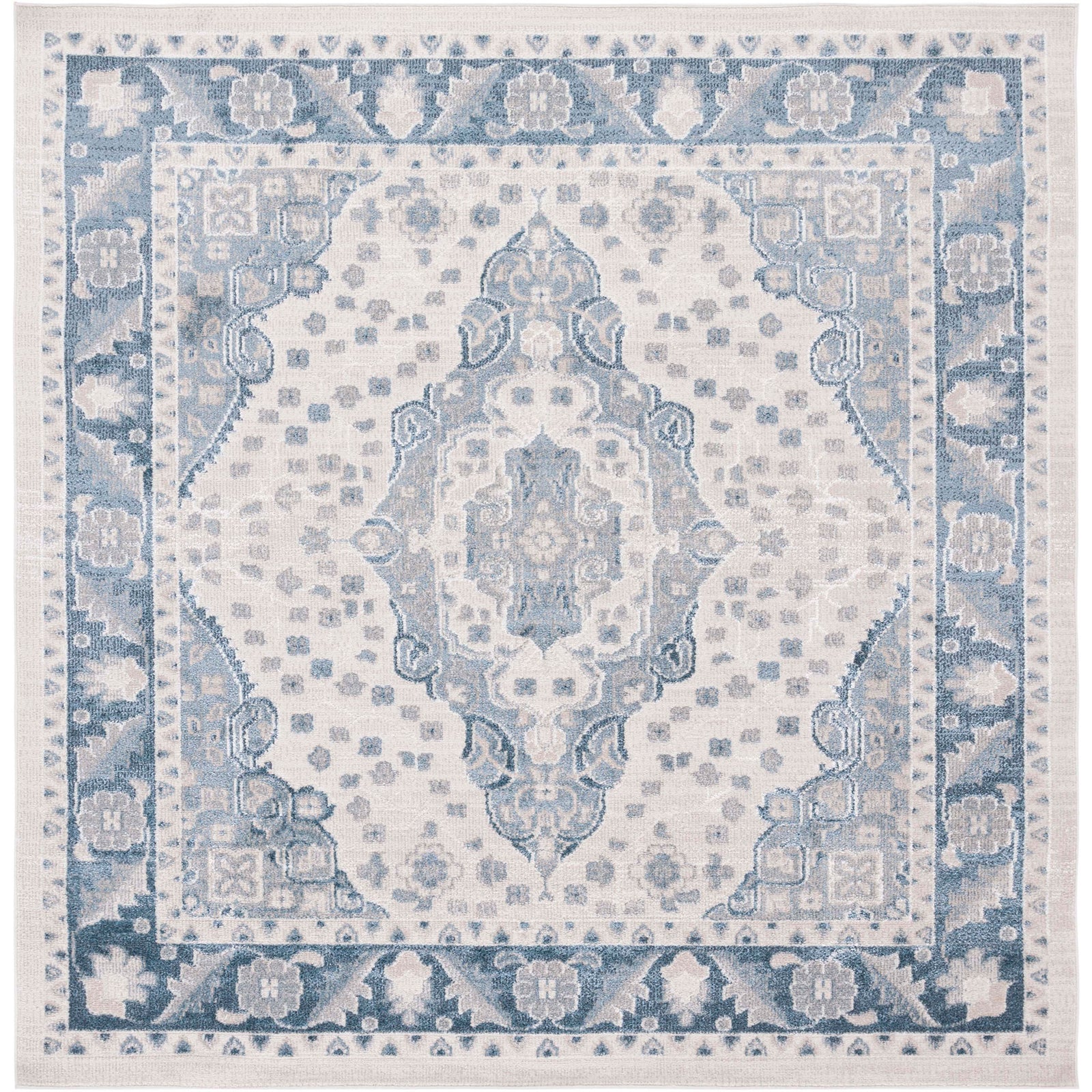 Square beige and blue medallion rug with an ornate border and gently faded vintage look || BLR208B-7SQ || top_studio
