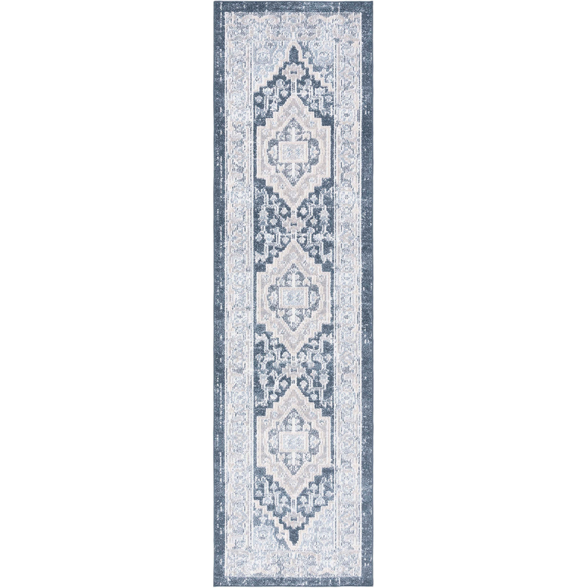 Beige and navy runner rug with distressed medallions and an ornate border for a timeless vintage look. || BLR210B-28 || top_studio