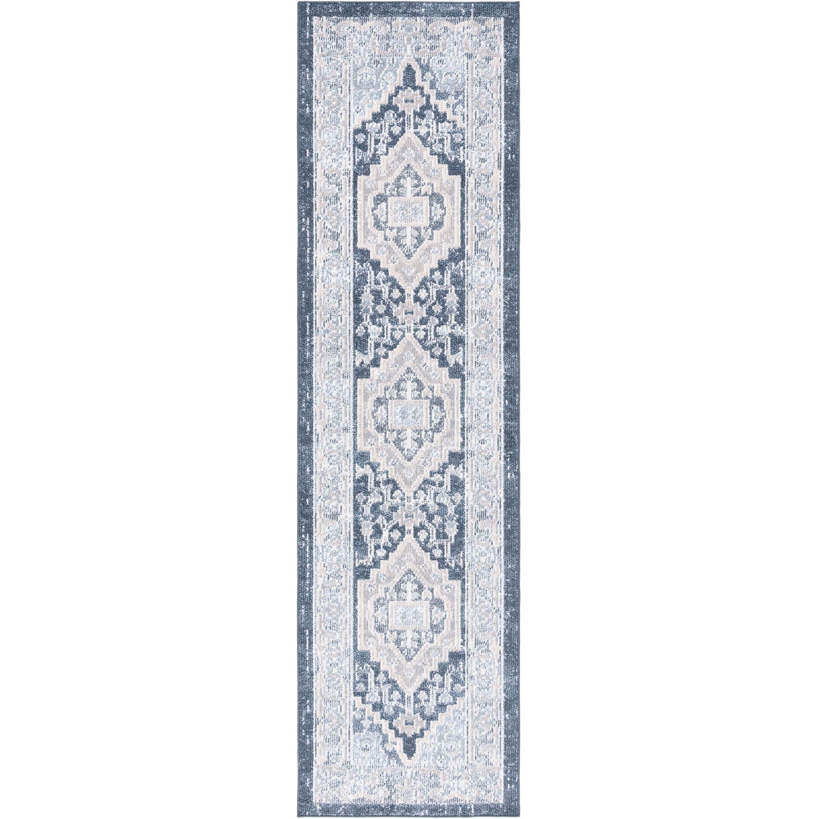 Beige and navy runner rug with distressed medallions and an ornate border for a timeless vintage look. || BLR210B-28 || top_studio