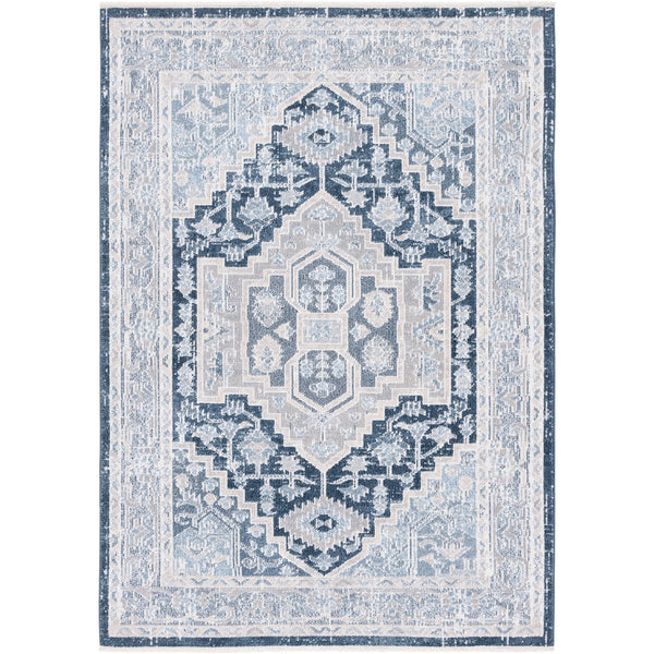 Beige and navy medallion rug with vintage distressing and soft, low-pile washable design || BLR210B-5 || top_studio