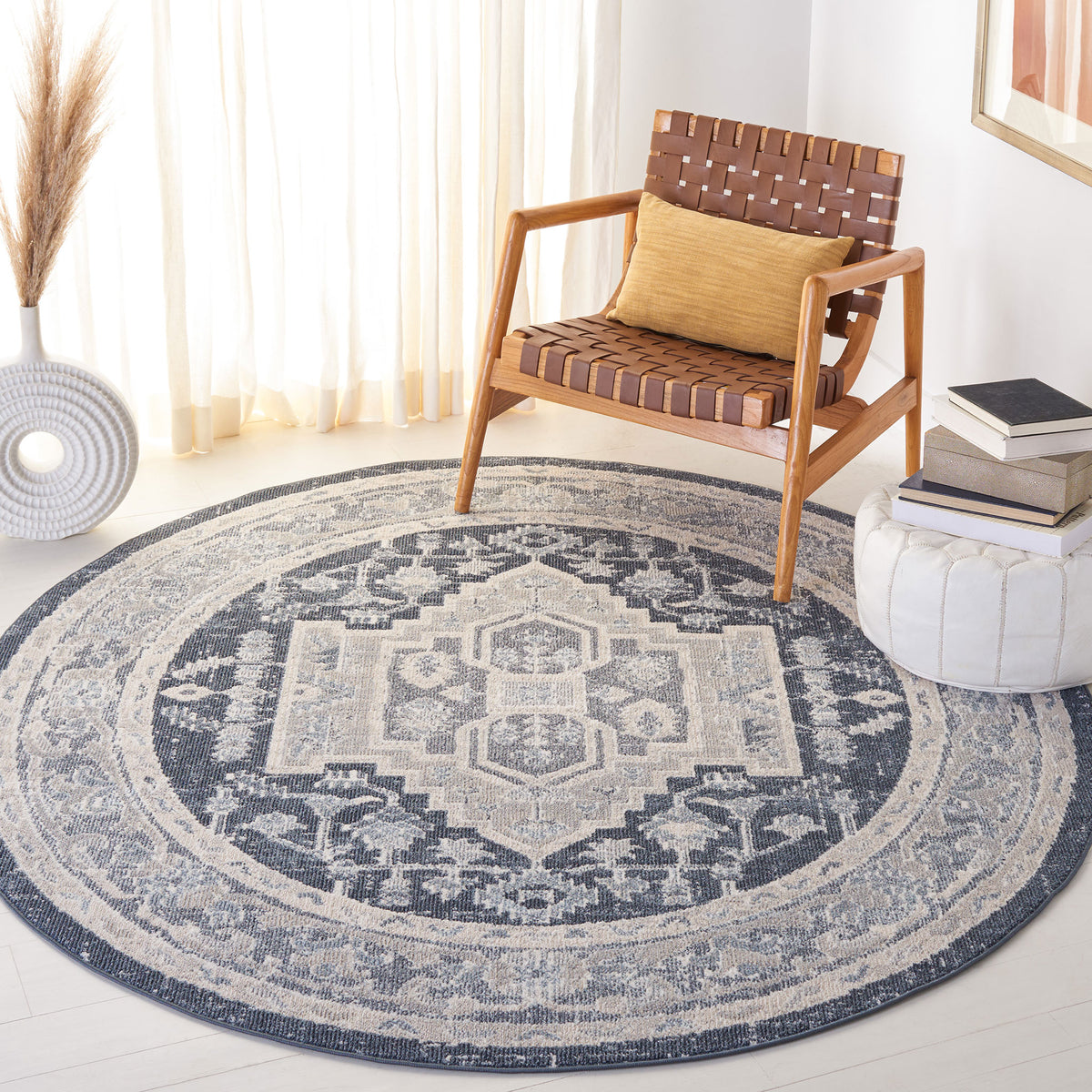 Vintage medallion round rug in beige and navy adds inviting warmth and easy-care performance to your living space. || BLR210B-7R || front_angle_room