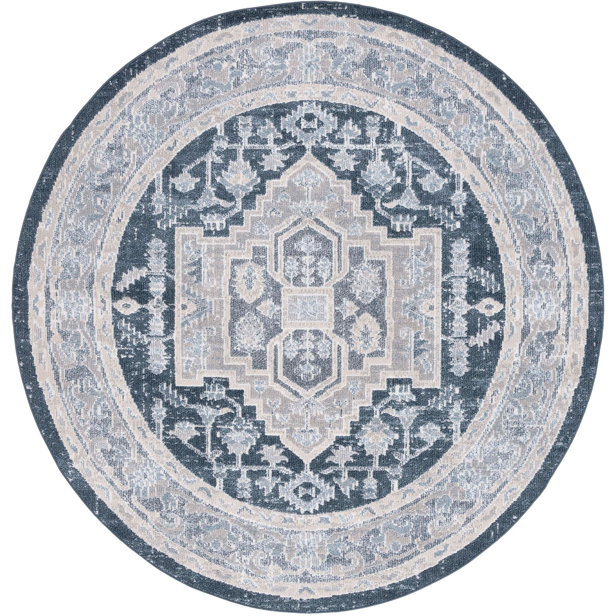 Round washable rug in beige and navy with a vintage medallion and soft, low pile for easy-care style. || BLR210B-7R || top_studio