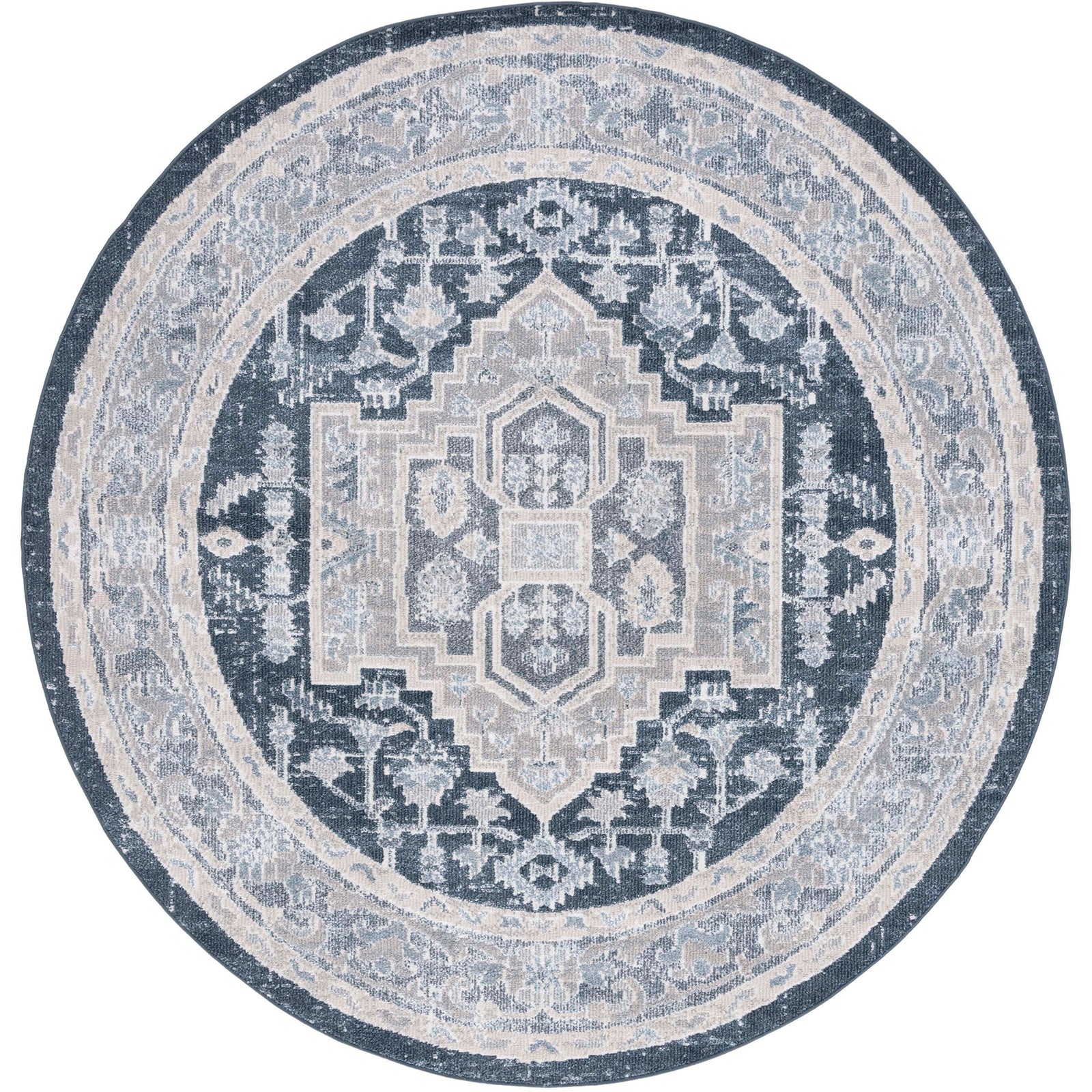 Round washable rug in beige and navy with a vintage medallion and soft, low pile for easy-care style. || BLR210B-7R || top_studio