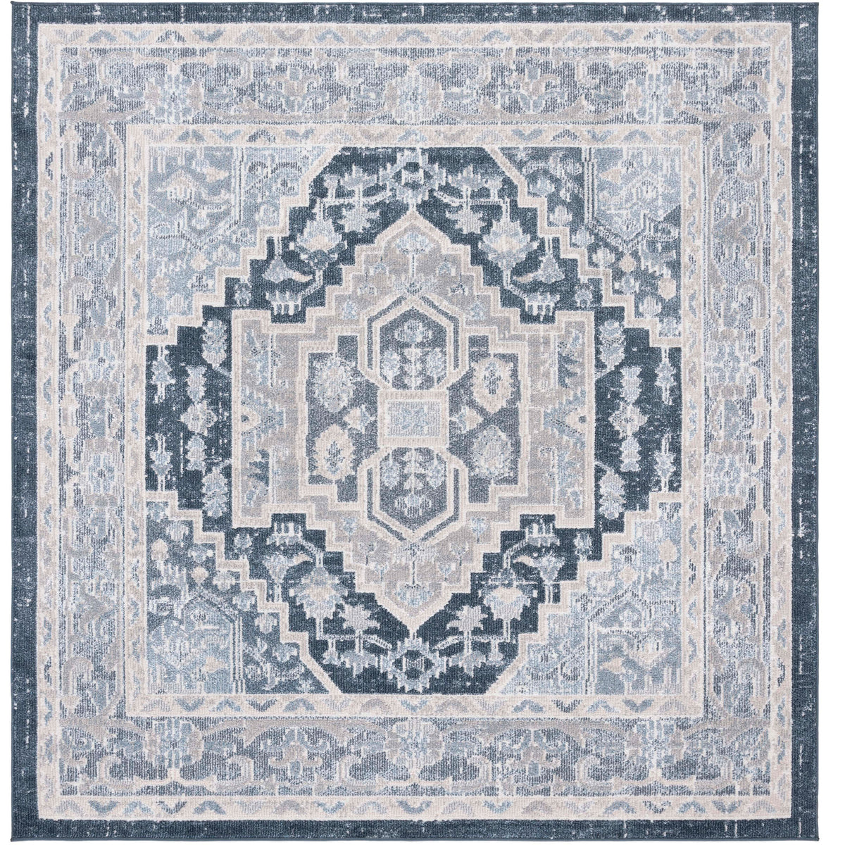 Square rug with bold medallion and distressed border in beige and navy || BLR210B-7SQ || top_studio