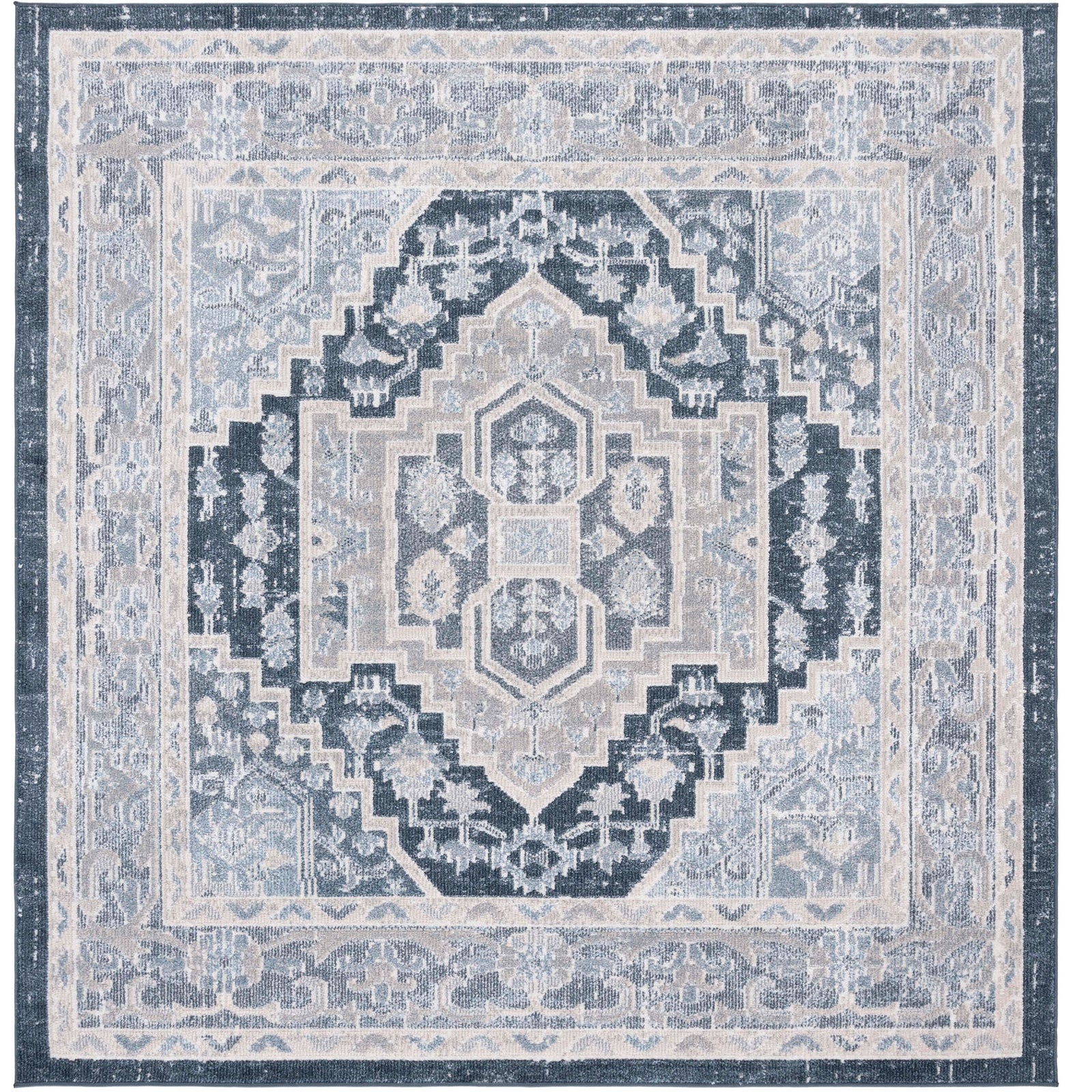 Square rug with bold medallion and distressed border in beige and navy || BLR210B-7SQ || top_studio