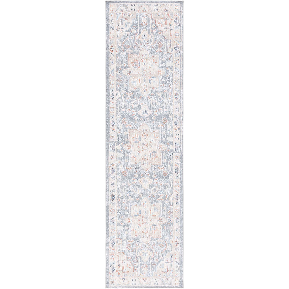Narrow runner rug in beige and blue with a detailed medallion border and gently distressed look. || BLR212B-28 || top_studio