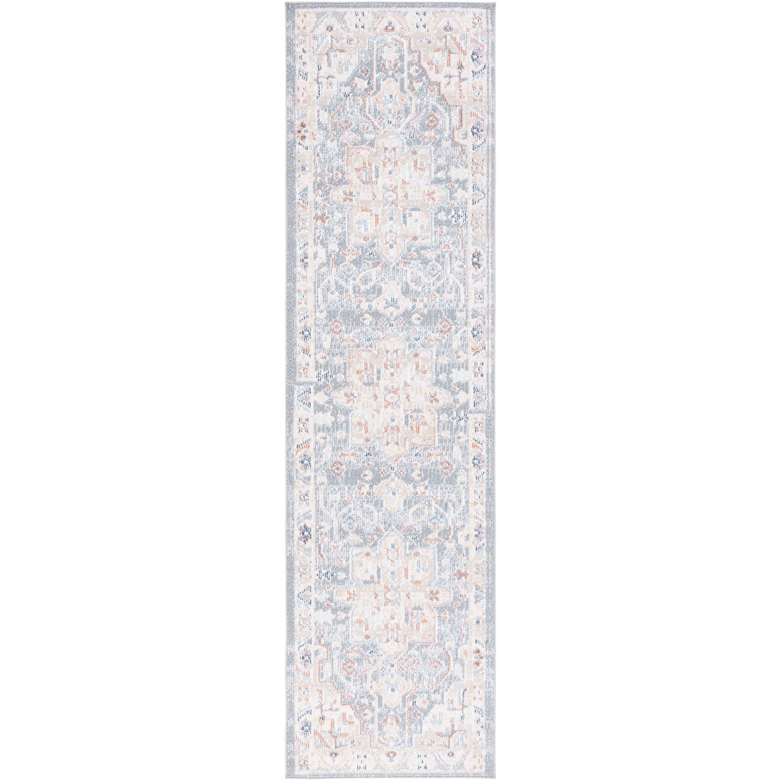 Narrow runner rug in beige and blue with a detailed medallion border and gently distressed look. || BLR212B-28 || top_studio