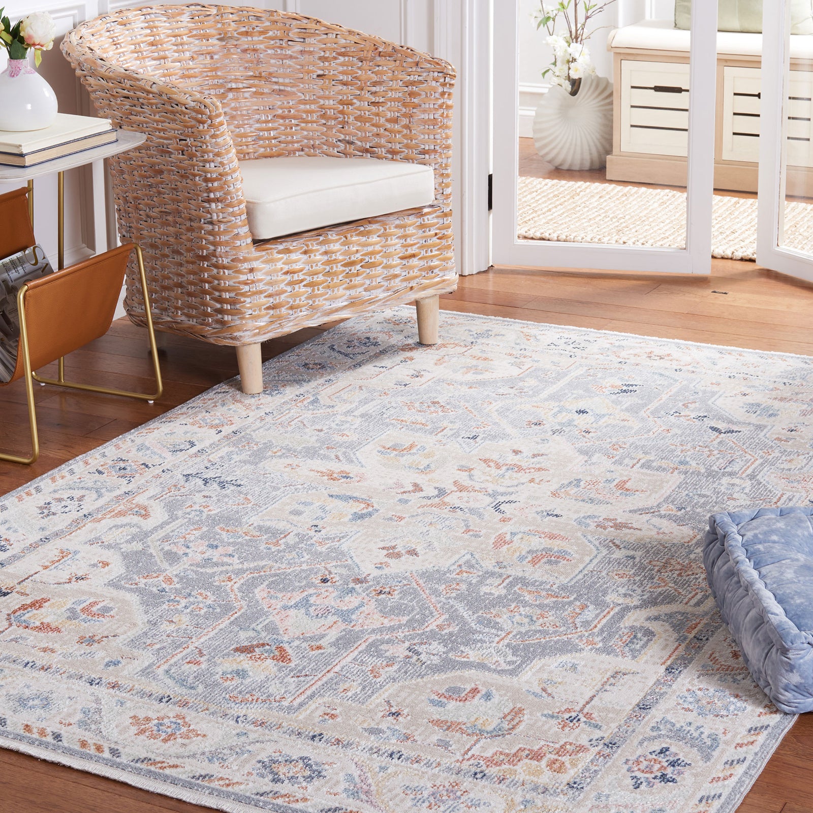 Soft polyester area rug brings beige and blue warmth to the living space with timeless pattern || BLR212B-5 || front_angle_room