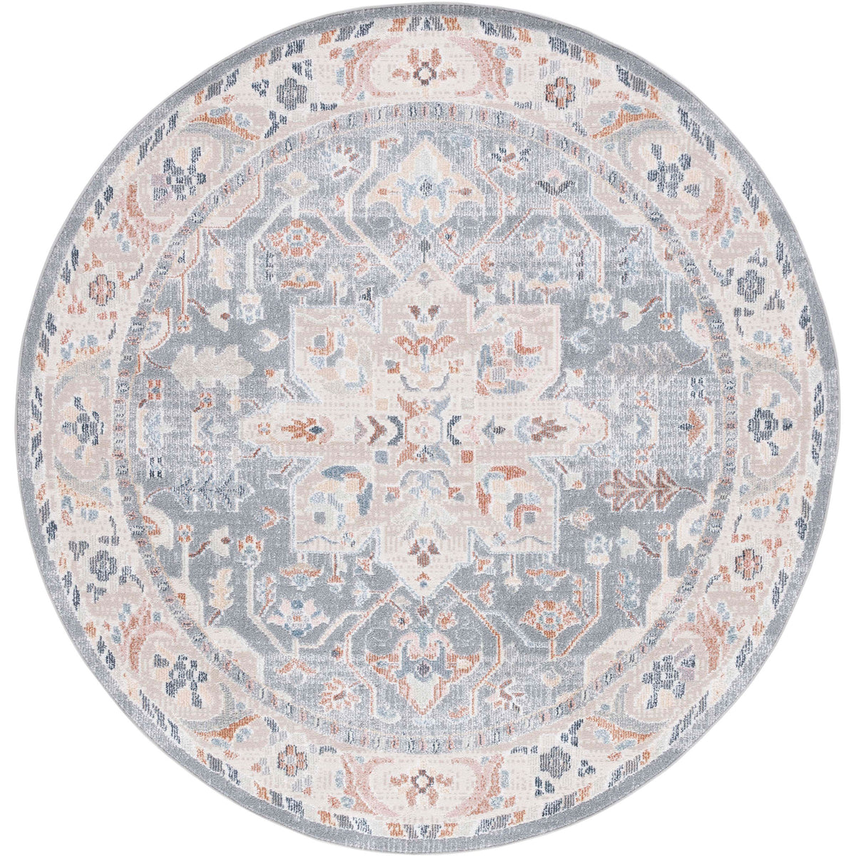 Round beige and blue rug with vintage medallion and ornamental border in a softly distressed finish. || BLR212B-7R || top_studio