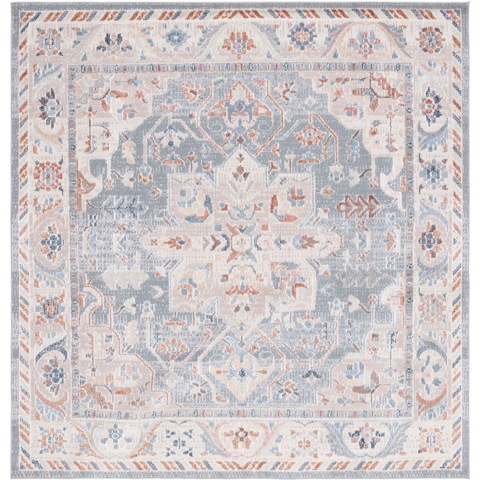 Square washable rug in beige and blue with a classic medallion and border || BLR212B-7SQ || top_studio