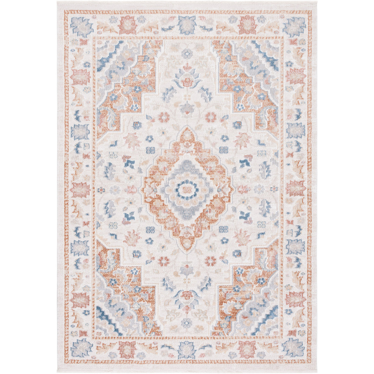 Vintage medallion rug in beige and rust with blue accents and a low, soft pile || BLR214B-5 || top_studio