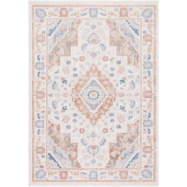 Vintage medallion rug in beige and rust with blue accents and a low, soft pile || BLR214B-5 || top_studio