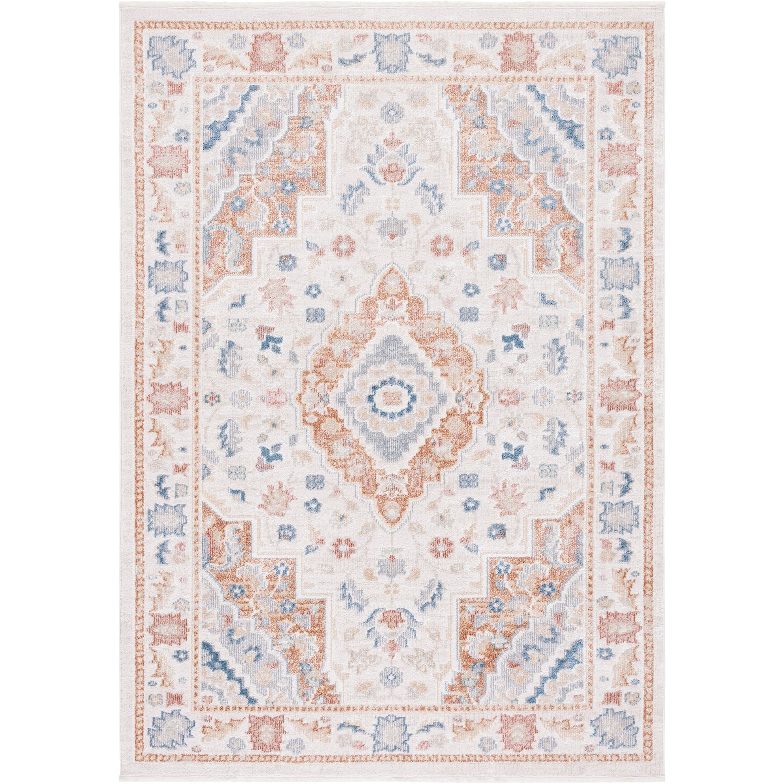 Vintage medallion rug in beige and rust with blue accents and a low, soft pile || BLR214B-5 || top_studio