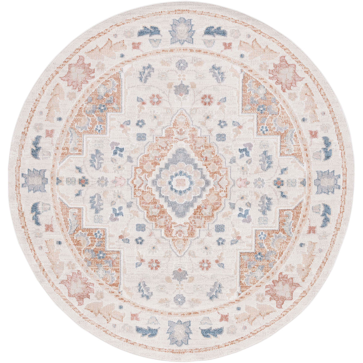 Round beige and rust rug with a vintage medallion and calming blue accents || BLR214B-7R || top_studio